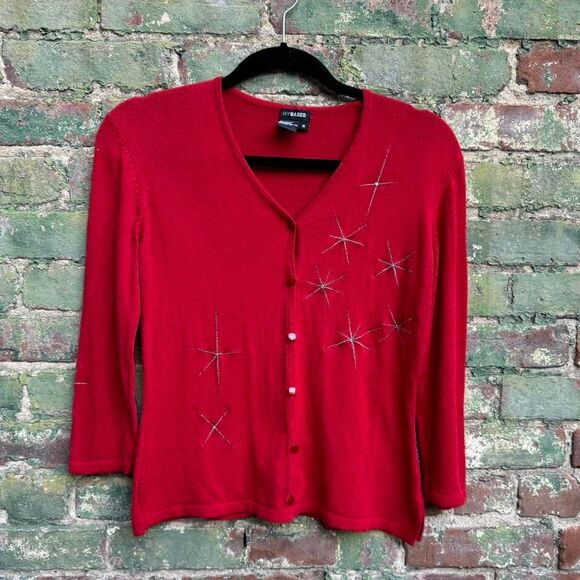 Y2K NY Based Cardigan Women's Size‎ Medium Red Fireworks Metallic V Neck - Picture 1 of 8
